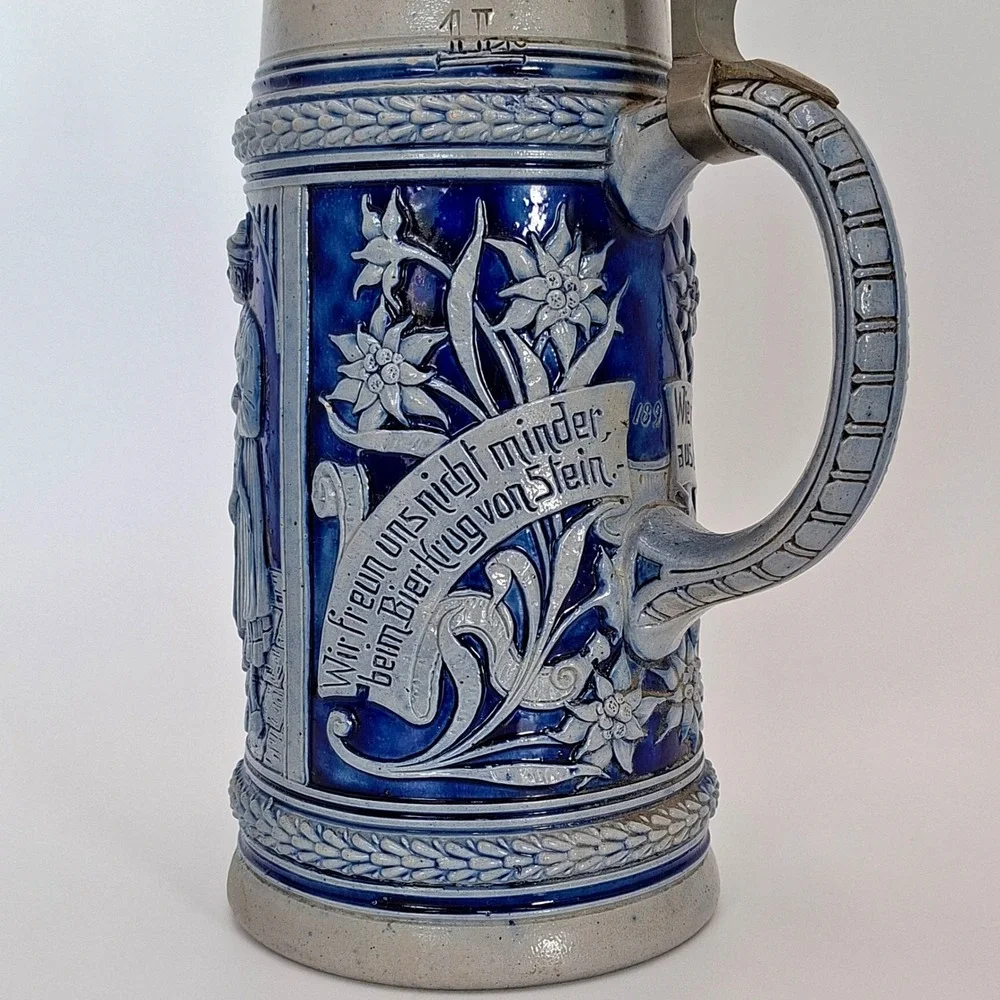 Vintage German 1L Beer Stein Cobalt Relief Pewter Lid #789 Einladung zum Tanz